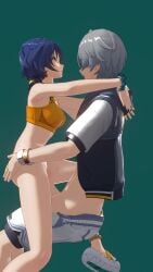 1boy 1girls 3d 3d_(artwork) belle_(zenless_zone_zero) big_penis blue_hair bottomless brother_and_sister dark_blue_hair grey_hair highres hoyoverse incest kawawa76 large_penis light-skinned_female light-skinned_male light_skin medium_breasts older_brother open_mouth pants_down penis_out short_hair siblings simple_background swimwear vaginal_penetration wise_(zenless_zone_zero) younger_sister zenless_zone_zero