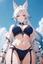 ai_generated animal_ear_fluff animal_ears ass_visible_through_thighs bare_shoulders blue_bikini blue_bra blue_eyes blue_hair blue_panties blue_sky bow bra breasts cleavage closed_mouth cloud coat cowboy_shot day earrings facial_mark feixiao_(honkai:_star_rail) female fox_ears fox_girl garter_belt garter_straps gradient_hair jacket jewelry large_breasts long_hair long_sleeves looking_at_viewer multicolored_hair navel off_shoulder open_clothes open_jacket outdoors panties parted_bangs ponytail shadowrealmarts sky solo standing stomach thighs uncensored underwear white_coat white_hair white_jacket