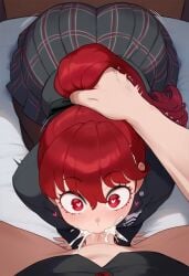 1boy 1boy1girl 1girls 777form777 ai_generated ass bed bedroom blowjob blush cum cum_in_mouth cum_inside deep_blowjob deepthroat fellatio female from_above fully_clothed grabbing_hair heart heart-shaped_pupils huge_ass looking_at_penis makeup male motion_lines on_all_fours on_bed open_eyes oral oral_sex persona persona_5 persona_5_royal ponytail pov pov_crotch pov_hands pov_male pulling_hair red_eyes red_hair ren_amamiya school_uniform simple_background sumire_yoshizawa