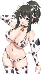 arm_length_gloves asuka_(senran_kagura) bikini blank_background blush brown_eyes brown_hair cow_bell cow_ears cow_horns cow_print cow_print_bikini hair_ribbon looking_at_viewer senran_kagura skindentation surippa1010 tail tights