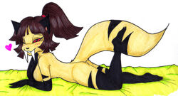 1girls alternate_species brown_hair demon demon_girl fangs feline female furrification heart inuyasha ivanks kirara laying_on_stomach nude red_eyes sango solo tagme