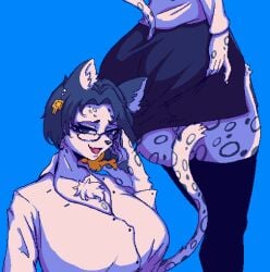 1girls anthro ass big_ass big_breasts binah black_hair blue_background earrings furry glasses library_of_ruina lobotomy_corporation looking_at_viewer open_mouth pixel_art project_moon solo_female stockings two_tone_hair yellow_hair zolotokos