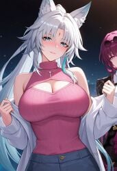 2girls ai_generated animal_ear_fluff animal_ears bare_shoulders blue_eyes blush breasts cleavage cleavage_cutout clothing_cutout denim eyewear_on_head facial_mark feixiao_(honkai:_star_rail) forehead_mark fox_ears grey_hair honkai:_star_rail jacket jeans jewelry kafka_(honkai:_star_rail) large_breasts long_hair long_sleeves looking_at_viewer multiple_girls necklace off_shoulder open_clothes open_jacket pants parted_bangs parted_lips ponytail purple_eyes purple_hair shadowrealmarts shirt sleeveless smile sunglasses sweater turtleneck uncensored very_long_hair white_hair white_jacket