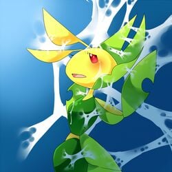 ambiguous_gender blush bug eyelashes feral grass insect leaf leavanny pokemon red_eyes sticky stuck web