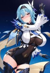 ai_generated arm_up black_gloves black_hairband black_leotard black_thighhighs blue_cape blue_hair blue_necktie blush breasts cape closed_mouth covered_navel cowboy_shot eula_(genshin_impact) female genshin_impact gloves hair_ornament hairband large_breasts leotard long_sleeves looking_at_viewer medium_hair necktie purple_eyes shadowrealmarts solo thighhighs thighs uncensored vision_(genshin_impact) yellow_eyes