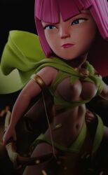 3d 3d_render ai_generated archer_(clash_of_clans) archer_(clash_royale) blue_eyes clash_(series) clash_of_clans clash_royale edit edited edited_official_artwork female official_art pink_hair