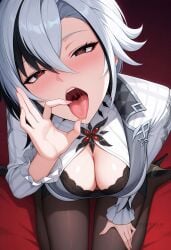 ai_generated arlecchino_(genshin_impact) black_bra black_eyes black_hair black_pantyhose blush bra breasts cleavage fellatio_gesture female from_above genshin_impact grey_hair hair_between_eyes high_heels large_breasts long_sleeves looking_at_viewer multicolored_hair open_mouth open_shirt oral_invitation pantyhose saliva shadowrealmarts shirt short_hair sitting skirt solo streaked_hair symbol-shaped_pupils teeth tongue tongue_out two-tone_hair uncensored underwear wariza white_hair white_shirt x-shaped_pupils
