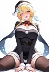 :d ai_generated alternate_costume belt black_belt black_dress black_headwear black_thighhighs blonde_hair blush bow bowtie breasts brown_thighhighs christmas cleavage clothing_cutout covered_navel dress feathers female flower fur-trimmed_dress fur-trimmed_headwear fur-trimmed_sleeves fur_trim genshin_impact hair_between_eyes hair_flower hair_ornament hat large_breasts long_sleeves looking_at_viewer lumine_(genshin_impact) open_mouth red_bow red_bowtie santa_costume santa_dress santa_hat shadowrealmarts short_hair_with_long_locks sidelocks simple_background sitting smile solo thighhighs thighs uncensored wariza white_background white_flower yellow_eyes