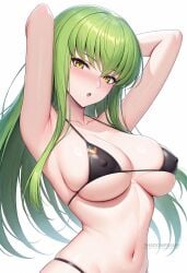:o ai_generated armpits arms_behind_head arms_up bikini black_bikini blush breasts c.c. cleavage collarbone covered_nipples female green_hair large_breasts long_hair looking_at_viewer micro_bikini navel open_mouth shadowrealmarts simple_background skindentation solo stomach string_bikini swimsuit twitter_username uncensored underboob upper_body white_background yellow_eyes