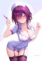 ai_generated alternate_costume blush breasts cleavage closed_mouth collarbone covered_navel cowboy_shot dress female garter_straps hands_up hat holding holding_syringe kafka_(honkai:_star_rail) large_breasts leaning_forward long_hair looking_at_viewer nurse nurse_cap purple_eyes purple_hair purple_thighhighs shadowrealmarts short_dress short_sleeves smile solo syringe thighhighs thighs uncensored white_dress white_headwear