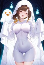 :d ai_generated blush breasts brown_hair chiori_(genshin_impact) covered_navel cowboy_shot dress female ghost ghost_costume half-closed_eyes halloween halloween_costume large_breasts long_hair long_sleeves looking_at_viewer multicolored_hair night oerba_yun_fang open_mouth outdoors red_eyes see-through see-through_silhouette shadowrealmarts side_ponytail sleeves_past_wrists smile solo thigh_gap thighs tree uncensored white_dress