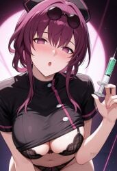 :o ai_generated alternate_costume black_bra black_headwear black_panties black_shirt blush bow_bra bow_panties bra breasts cleavage clothes_lift empty_eyes eyewear_on_head female hat holding holding_syringe honkai:_star_rail kafka_(honkai:_star_rail) lace-trimmed_bra large_breasts leaning_forward long_hair looking_at_viewer navel nurse nurse_cap open_mouth panties purple_eyes purple_hair round_eyewear shadowrealmarts shirt shirt_lift short_sleeves sidelocks solo stomach sunglasses syringe uncensored underwear