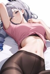 ai_generated black_pantyhose blush breasts closed_mouth crossed_bangs drill_hair female grey_eyes grey_hair large_breasts long_hair looking_at_viewer lying navel on_back pantyhose pink_shirt ponytail shadowrealmarts shirt short_sleeves silver_wolf_(honkai:_star_rail) solo stomach thighband_pantyhose uncensored white_background