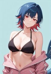 ai_generated bare_shoulders bikini black_bikini blue_background blue_hair blush breasts cleavage closed_mouth collarbone colored_inner_hair ellen_joe female fins fish_tail halterneck jacket large_breasts looking_at_viewer multicolored_hair navel off_shoulder pink_jacket red_eyes red_hair shadowrealmarts shark_tail short_hair simple_background solo stomach swimsuit tail two-tone_hair uncensored upper_body