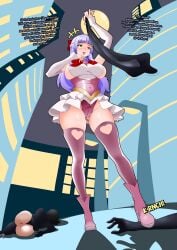 beret black_hair bob_cut breast_expansion defeated drill_hair english foot_on_arm hime_cut huge_breasts kodou-sama_(cownon) latex lavender_hair leotard long_hair magical_girl magical_girl_outfit mind_control personality_change personality_death pudgy_belly salute saluting silhouette smug sound_effects tgyaker transformation weight_gain wide_hips