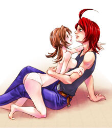 1boy 1girls ass black_shirt breasts clothes color eye_contact female girl_on_top hand_on_arm hug human lyra_(pokemon) male nintendo nipples on_floor open_mouth panties pokemon pokemon_hgss red_hair shirt_lift side_view silver_(pokemon) sitting sleeveless_shirt straight tagme topless twintails