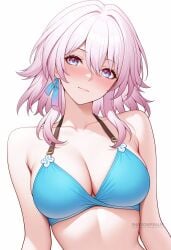 ai_generated bare_shoulders bikini blue_bikini blue_eyes blue_ribbon blush breasts cleavage closed_mouth collarbone female hair_between_eyes halterneck large_breasts looking_at_viewer march_7th_(honkai:_star_rail) medium_hair multicolored_eyes pink_eyes pink_hair ribbon shadowrealmarts simple_background smile solo swimsuit two-tone_eyes uncensored upper_body white_background