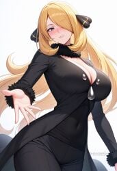 ai_generated black_coat black_pants black_shirt blonde_hair blush breasts cleavage coat covered_navel cynthia_(pokemon) female fur-trimmed_coat fur-trimmed_sleeves fur_collar fur_trim grey_eyes hair_ornament hair_over_one_eye large_breasts long_hair long_sleeves looking_at_viewer outstretched_arm pants parted_lips pokemon shadowrealmarts shirt simple_background smile solo uncensored very_long_hair white_background