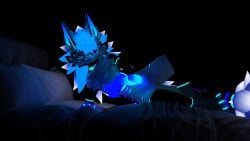 16:9 2_penises 3d_(artwork) 4k absurd_res anthro bed bedroom_eyes black_body blender_(artwork) blender_cycles blue_eyes blue_mane blue_markings digital_media_(artwork) dragon eyewear furniture genitals glasses hi_res lox_(loxthewicker) loxthewicker lying male mane markings multi_genitalia multi_penis mythological_creature mythological_scalie mythology narrowed_eyes novabeast nude on_side penis presenting purple_markings scalie seductive simple_background solo tail vrchat_model white_body widescreen