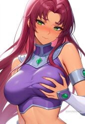 ai_generated armlet bare_shoulders blush breasts closed_mouth crop_top dc_comics female fingernails gem grabbing_own_breast green_eyes large_breasts long_hair looking_at_viewer orange_skin parted_bangs purple_shirt red_hair shadowrealmarts shirt simple_background sleeveless solo starfire uncensored upper_body web_address white_background