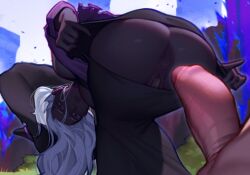 1boy 1girls anus artist_request ass asshole bent big_penis butthole dark-skinned_female dark_skin elden_ring elden_ring_nightreign female female_only fromsoftware harsh-mallowz large_ass large_penis light-skinned_male male penis pussy recluse_(nightreign) taped_pussy thick_penis torn_clothes torn_dress vagina white_hair witch witch_hat