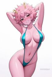 ai_generated armpits arms_behind_head arms_up artist_name ashido_mina black_sclera blush breasts collarbone colored_sclera colored_skin cowboy_shot female grin groin horns large_breasts looking_at_viewer my_hero_academia navel patreon_username pink_hair pink_skin shadowrealmarts shiny_skin short_hair simple_background sling_bikini slingshot_swimsuit smile solo stomach swimsuit thighs uncensored white_background yellow_eyes