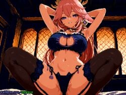 ai_generated armpits arms_behind_head bed bedroom genshin_impact gigatsu looking_at_viewer panties pink_hair pixel_art seductive seductive_pose spread_legs stockings submissive yae_miko