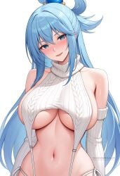 ai_generated alternate_costume aqua_(konosuba) bare_shoulders blue_eyes blue_hair blush breasts detached_sleeves female hair_ornament hair_rings konosuba large_breasts long_hair looking_at_viewer meme_attire navel open_mouth panties shadowrealmarts sideboob simple_background single_hair_ring sleeveless smile solo stomach sweater turtleneck turtleneck_sweater uncensored underboob underwear upper_body very_long_hair virgin_destroyer_sweater white_background white_panties white_sleeves white_sweater