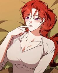 ai_generated areola areolae blush blushing_at_viewer boobs_out breasts cowgirl_position korean looking_at_viewer lysithea_hilenaire_del_arman manhwa nipples red_hair sex wholesome wholesome_sex winter_wolf winter_wolf_(manhwa)