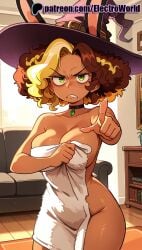 1girls 2025 ai_generated artist_name breasts breasts breasts bust chest choker dark-skinned_female electroworld epithet_erased female green_eyes hat hi_res high_quality high_resolution highres indoors lorelai_blyndeff nude patreon patreon_username pointing pointing_at_viewer solo stable_diffusion towel watermark witch_hat