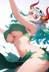 1girls ai_generated armpits artist_name bare_arms bare_shoulders big_breasts bleach blush breasts cosplay covered_nipples crop_top curled_horns earrings female female_only gradient_hair green_hair hair_ornament horn horns huge_breasts jewelry large_breasts long_hair looking_at_viewer midriff multicolored_hair navel nelliel_tu_odelschwanck_(cosplay) one_piece orange_eyes parted_lips ponytail red_horns shadowrealmarts simple_background sleeveless solo stomach thighs torn_clothes uncensored underboob white_background white_hair yamato_(one_piece)