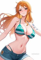 ai_generated bare_shoulders bikini blue_shorts blush breasts brown_eyes cleavage closed_mouth collarbone cowboy_shot denim denim_shorts earrings female floating_hair green_bikini highleg jewelry large_breasts long_hair looking_at_viewer nami_(one_piece) navel one_piece orange_eyes orange_hair shadowrealmarts short_shorts shorts shoulder_tattoo simple_background smile solo stomach swimsuit tattoo thighs uncensored white_background