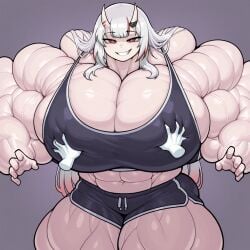 abs ai_generated disembodied_hand disembodied_hands female grabbing_breasts hair hololive hololive_japan huge_breasts huge_muscles huge_pecs muscular muscular_female nakiri_ayame oerba_yun_fang oni pec_grab pectorals red_eyes smug virtual_youtuber white