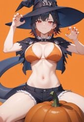 ai_generated belt bikini bikini_top_only black_hair black_headwear black_shorts blush breasts capelet claw_pose closed_mouth colored_inner_hair cutoffs earrings ellen_joe female halloween hands_up hat jack-o'-lantern large_breasts looking_at_viewer multicolored_hair nail_polish navel orange_background orange_bikini orange_nails pumpkin red_eyes red_nails shadowrealmarts short_hair short_shorts shorts simple_background sitting solo stomach swimsuit tail thighs uncensored witch_hat