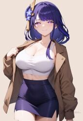 ai_generated alternate_costume blue_skirt blush breasts brown_jacket cleavage closed_mouth collarbone contemporary cowboy_shot crop_top female flower hair_flower hair_ornament high-waist_skirt jacket large_breasts long_hair long_sleeves looking_at_viewer midriff miniskirt mole mole_under_eye open_clothes open_jacket pencil_skirt purple_eyes purple_hair purple_skirt raiden_shogun shadowrealmarts simple_background skirt smile solo tank_top taut_clothes thighs uncensored white_sports_bra