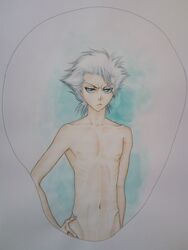 1boy bleach glare hand_on_hip male male_only solo tagme topless toshiro_hitsugaya white_hair