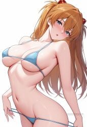 ai_generated alternate_breast_size bare_shoulders bikini blue_bikini blue_eyes blush breasts cleavage clothes_pull collarbone female hair_ornament interface_headset large_breasts long_hair looking_at_viewer navel neon_genesis_evangelion open_mouth orange_hair shadowrealmarts simple_background solo souryuu_asuka_langley stomach swimsuit uncensored underboob white_background