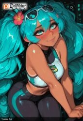 ai_generated aqua_eyes aqua_hair artist_name blush breasts dollmaker dollmaker_(artist) earrings eyewear_on_head female flower goggles goggles_on_head hair_flower hair_ornament jewelry long_hair navel nose_blush patreon_username smile solo sunglasses tagme twintails very_long_hair watermark web_address