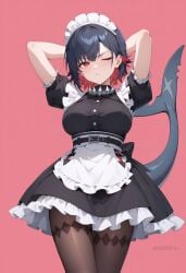ai_generated apron arms_behind_head arms_up belt black_dress black_hair black_pantyhose blush breasts brown_pantyhose closed_mouth colored_inner_hair cowboy_shot dress ellen_joe female fins fish_tail frilled_dress frills large_breasts looking_at_viewer maid maid_headdress multicolored_hair one_eye_closed pantyhose pink_background puffy_short_sleeves puffy_sleeves red_eyes red_hair shadowrealmarts shark_girl shark_tail short_hair short_sleeves simple_background solo tail two-tone_hair uncensored white_apron zenless_zone_zero