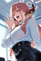 1girls after_fellatio ai_generated aru_(blue_archive) ass big_breasts blue_archive breasts cum cum_in_mouth cum_on_face female female_focus gehenna_academy_student hips horns huge_ass huge_breasts large_breasts light-skinned_female long_hair looking_pleasured pink_hair problem_solver_68_(blue_archive) sweat thick_thighs thighs wide_hips yellow_eyes