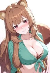 ai_generated animal_ear_fluff animal_ears blush breasts brown_hair cleavage closed_mouth collarbone female front-tie_top green_shirt large_breasts long_hair long_sleeves looking_at_viewer midriff navel raccoon_ears raccoon_girl raccoon_tail raphtalia red_eyes shadowrealmarts shirt simple_background smile solo tail tied_shirt uncensored upper_body white_background