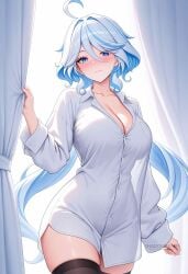 ahoge ai_generated alternate_breast_size alternate_costume black_thighhighs blue_eyes blue_hair blush breasts cleavage closed_mouth collarbone collared_shirt cowboy_shot curtain_grab curtains dress_shirt female furina_(genshin_impact) genshin_impact hair_between_eyes large_breasts light_blue_hair long_hair long_sleeves looking_at_viewer multicolored_hair naked_shirt shadowrealmarts shirt smile solo streaked_hair thighhighs thighs uncensored very_long_hair white_hair white_shirt