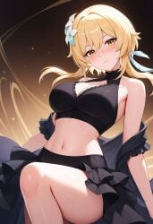 ai_generated alternate_costume bare_shoulders black_shirt black_skirt blonde_hair blush breasts cleavage cleavage_cutout closed_mouth clothing_cutout crop_top feather_hair_ornament feathers female flower frills genshin_impact hair_between_eyes hair_flower hair_ornament large_breasts looking_at_viewer lumine_(genshin_impact) midriff navel shadowrealmarts shirt short_hair_with_long_locks sidelocks skirt sleeveless sleeveless_shirt solo stomach swimsuit thighs uncensored white_flower yellow_eyes