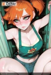 ai_generated artist_name bare_shoulders blush breasts cleavage collarbone crop_top denim denim_shorts dollmaker dollmaker_(artist) female green_eyes heart heart-shaped_pupils kasumi_(pokemon) large_breasts navel orange_hair patreon_logo patreon_username pokemon_(creature) shorts side_ponytail sonia_(pokemon) suspenders symbol-shaped_pupils tagme tank_top watermark web_address