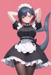 ai_generated apron arms_behind_head arms_up black_dress black_hair blush breasts brown_pantyhose closed_mouth colored_inner_hair cowboy_shot dress ellen_joe female fins fish_tail frilled_dress frills large_breasts looking_at_viewer maid maid_headdress multicolored_hair one_eye_closed pantyhose pink_background puffy_short_sleeves puffy_sleeves red_eyes red_hair shadowrealmarts shark_girl shark_tail short_hair short_sleeves simple_background solo tail two-tone_hair uncensored white_apron