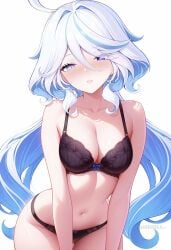 ahoge ai_generated alternate_breast_size bare_arms bare_shoulders black_bra black_panties blue_eyes blue_hair blush bow_bra bra breasts cleavage collarbone cowboy_shot cowlick drop-shaped_pupils female furina_(genshin_impact) genshin_impact hair_between_eyes heterochromia light_blue_hair long_hair looking_at_viewer medium_breasts multicolored_hair navel panties parted_lips shadowrealmarts simple_background solo stomach streaked_hair sweat thighs two-tone_hair uncensored underwear underwear_only very_long_hair white_background white_hair