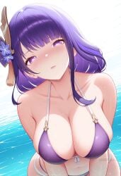 ai_generated bare_shoulders bikini blush breasts cleavage closed_mouth collarbone female flower front-tie_bikini_top front-tie_top hair_flower hair_ornament halterneck large_breasts leaning_forward long_hair looking_at_viewer mole mole_under_eye navel parted_lips purple_bikini purple_eyes purple_hair raiden_shogun shadowrealmarts solo swimsuit tassel uncensored water wet