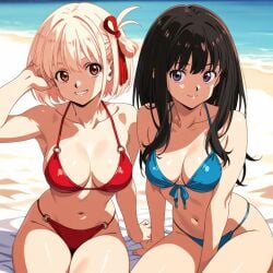 2girls ai_generated akai_yume bikini blue_bikini females_only inoue_takina lycoris_recoil nishikigi_chisato red_bikini swimsuit