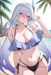 ai_generated alternate_costume bare_shoulders beach bikini black_bikini blush breasts cleavage closed_mouth collarbone female genshin_impact gradient_hair grey_hair hair_ornament hand_up large_breasts long_hair looking_at_viewer navel outdoors palm_tree red_eyes shadowrealmarts side-tie_bikini_bottom skirk_(genshin_impact) smile solo stomach swimsuit thighs tree uncensored v very_long_hair