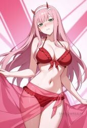 ai_generated ass_visible_through_thighs bare_shoulders bikini blush breasts cleavage closed_mouth collarbone cowboy_shot darling_in_the_franxx female frilled_bikini frills front-tie_bikini_top front-tie_top green_eyes hairband halterneck head_tilt horns large_breasts long_hair looking_at_viewer navel pink_hair red_bikini red_horns sarong see-through shadowrealmarts solo stomach swimsuit thigh_gap thighs uncensored very_long_hair white_hairband zero_two_(darling_in_the_franxx)